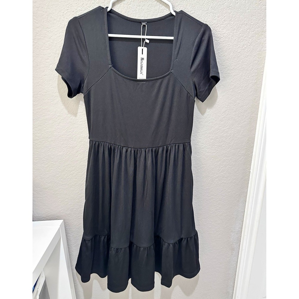 Newshows Women's Black Square Neck Short Sleeve Mini Dress Pockets Stretch S